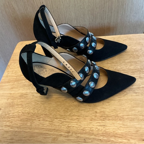 Vince CAMUTO KRELLEN black leather high heels with silver studs, ankle strap, 7M - Picture 4 of 9